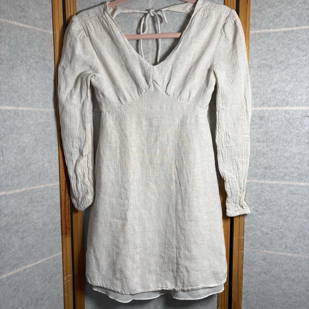 Sincerely Jules Oatmeal‎ Linen Blend Cutout Smocked Long Sleeve Dress Sz XS Boho